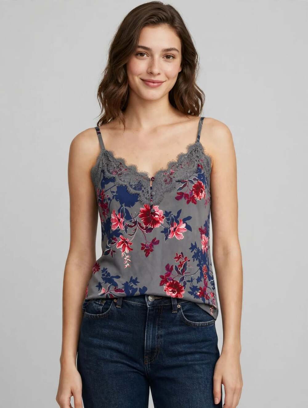 Torrid Ava Grey Floral Stretch Challis Lace Trim Cami 
size -12